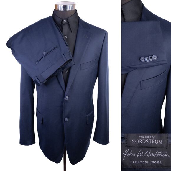 John W Nordstrom 2-Pcs Solid Blue Suit Wool Jacket Blazer Sz 42R Pants 36X31 - Picture 1 of 16